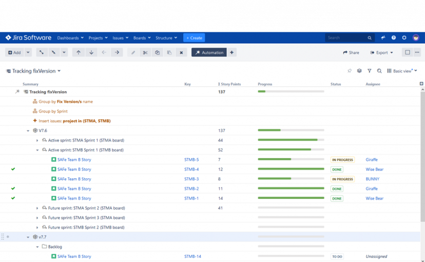 Structure für Jira: Tracking fixVersion 